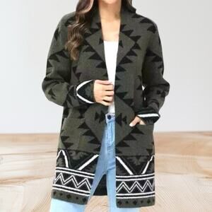 Frye Aztec Western Cowgirl Cardigan Sweater Size L Dark Olive Green Long Sleeve